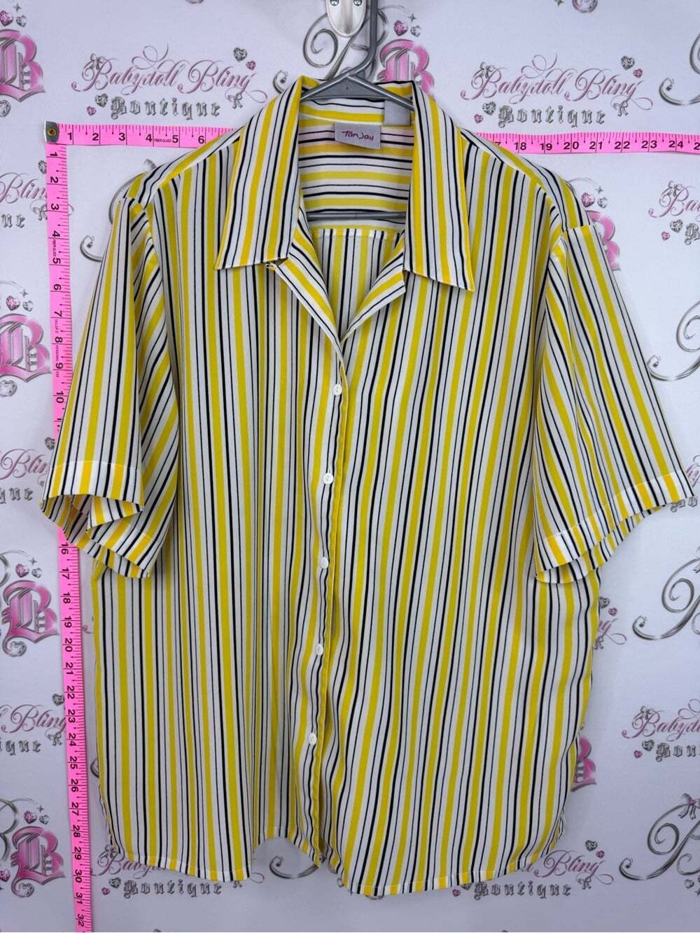 TanJay tshirt Yellow, Black & White Vertical Stripe Short Sleeve Button-Up Shirt